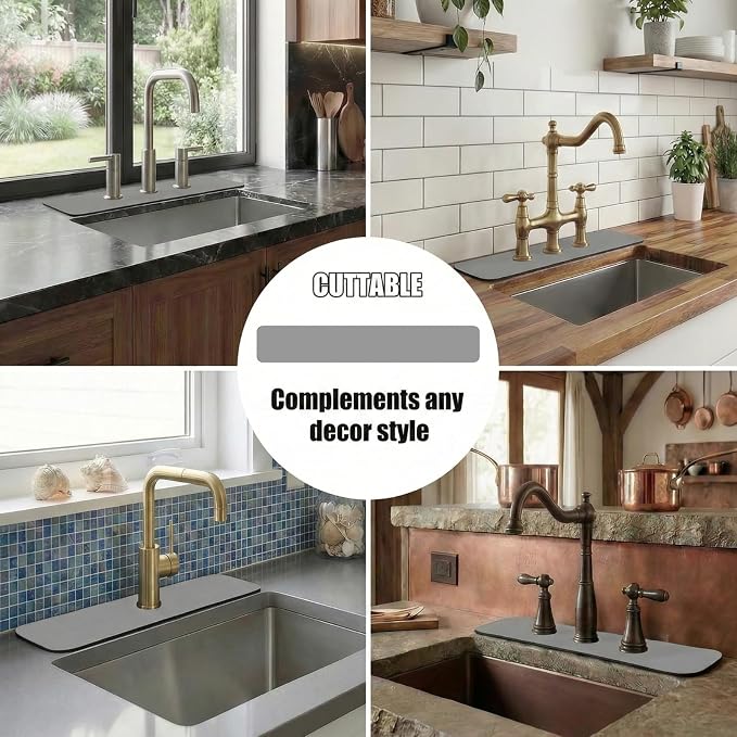 Customizable Kitchen Sink Faucet Mat: 24"Lx4"W Absorbent Splash Guard | Non-slip Fabric Rubber Mat, Cut to Fit Oval Rectangle Square Faucet & 2,3,4 Holes Irregular Sink with Soap Dispenser Air Gap - Image 4