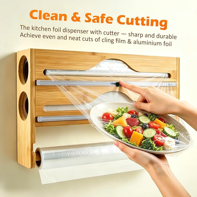 Plastic Wrap Dispenser with Cutter, 3 in 1 Tin Foil Wrap Dispenser Wall-Mounted Organizer for Baking Paper, Wax Paper Holder Kitchen Storage Box (Wood) - Image 3