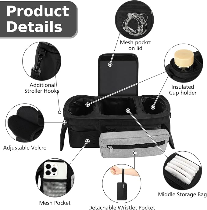 Accmor Universal Stroller Organizer with Insulated Cup Holder Detachable Phone Bag and Shoulder Strap,Stroller Bag Caddy Organizer for Uppababy, Baby Jogger, Britax Strollers - Image 4