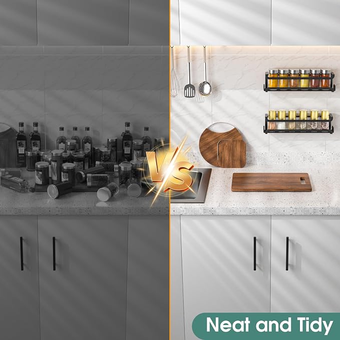 LUCYCAZ 4 Pack Wall Mounted Spice Rack for Kitchen Cabinet,RV,Camper,Black | 16 Metal Hooks, Space-Saving,Screw or Adhesive Spice Shelf Hanging,for Pantry Door Spice Jars & Seasonings,11.41×2.75×2.36in - Image 8