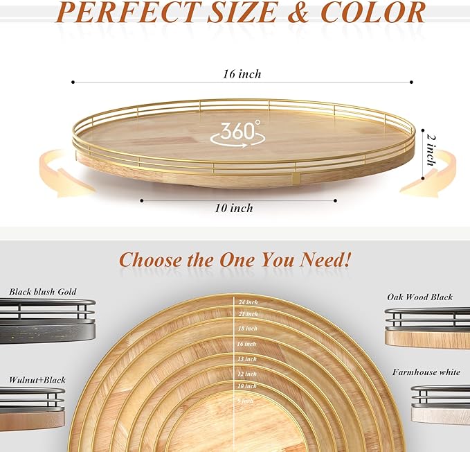 AMH16-Inch Rustic Lazy Susan with Solid Oak Base and Black Iron Rail | Smooth rotating oak tray with walnut finish for dining tables, kitchen counters, pantries and cabinet storage. - Image 6