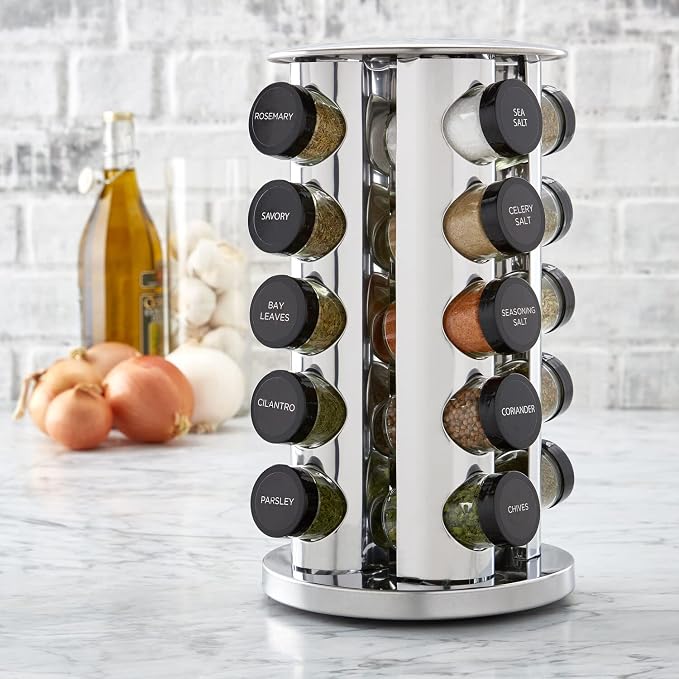 Kamenstein Revolving Countertop Spice Rack with Spices Included, FREE Spice Refills for 5 Years, Polished Stainless Steel with Black Caps, 30020, 20 Jar (Pack of 3) - Image 2