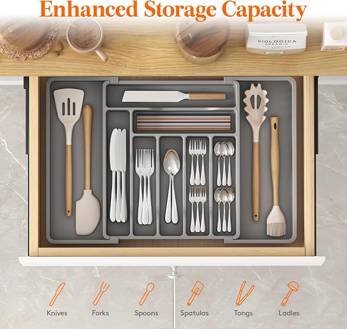 Lifewit Utensil Organizer for Kitchen Drawer, Expandable Cooking Silverware Tray, Adjustable Cutlery Flatware Holder, Plastic Spatula Tools Storage Divider, 13-22.4 x 15", Gray - Image 2