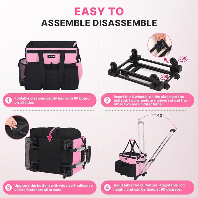 JKAOO Large Rolling Cleaning Caddy Bag with Detachable Trolley, Pink | Waterproof Cleaning Caddy with Wheels, 40L Wheeled Organizer Cart for Supplies, Housekeepers, Home, Office, Car, Picnic - Image 4