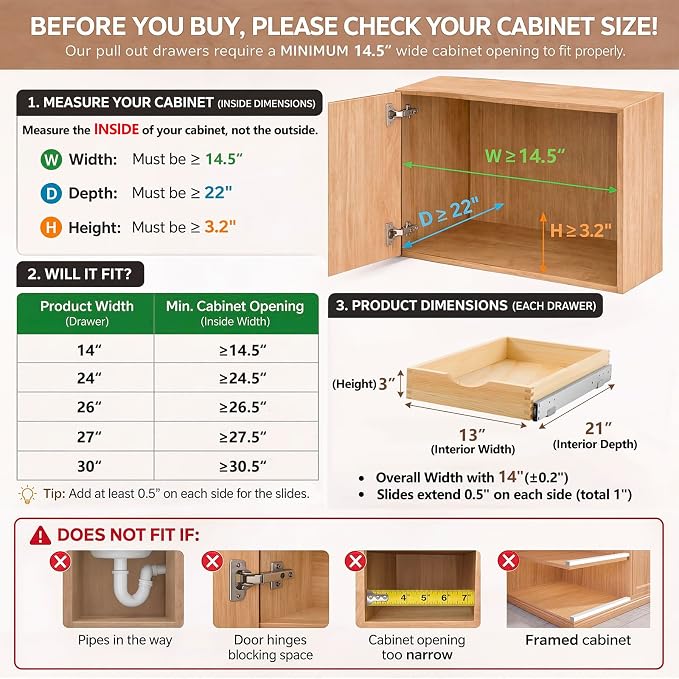 2 Set Wooden Pull out Cabinet Organizer Fully Assembled Slide out Pantry Drawer with Gentle Close Storage Shelf Tray for Base Kitchen Under Sink Bathroom (Wood Color,14'' X 21'' X 3'') - Image 2