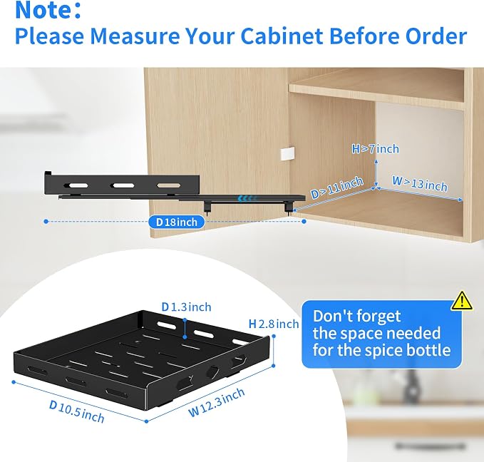BOIVSHI Pull Out Spice Rack for Cabinet, 12.6" Wx10.5 Dx2.8 H | Metal Heavy Duty Spice Rack Easy to Assembly, 1 Tier Spice Organizer to Save Cabinet Space, Noise-Free Sliding Seasoning Rack - Image 3