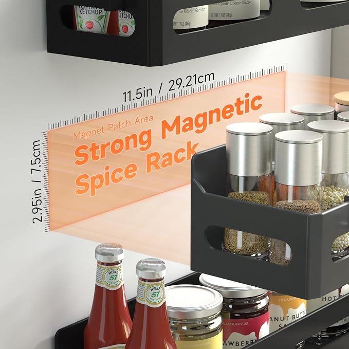 6-Pack Magnetic Spice Rack for Refrigerator with Hooks, Black | Strong multipurpose magnetic shelf for kitchen & bathroom organization. Includes 4 removable hooks for hanging items. - Image 2