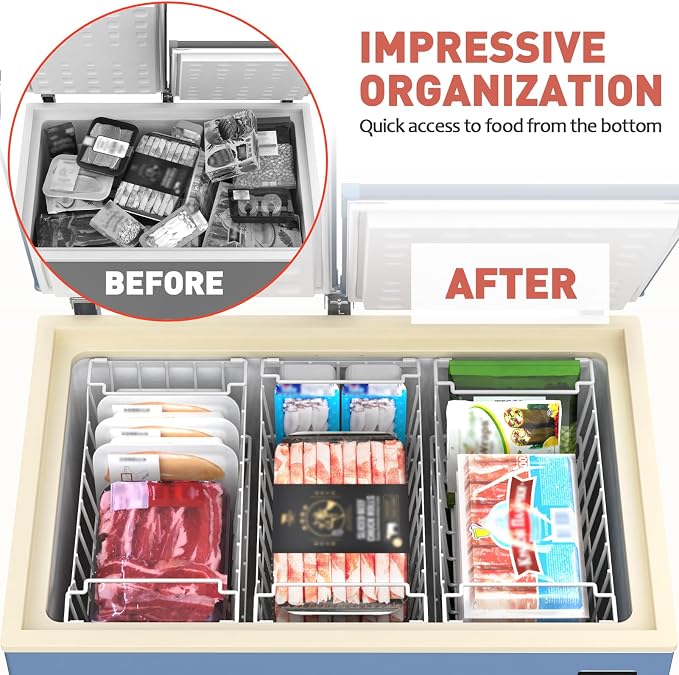 Goovilla Freezer Organizer Bins for 5-7 Cu.FT Chest Freezer, 4 Pack White | Foldable Handle Stackable Freezer Baskets, Coated Metal Freezer Storage Bins with Better Space Utilization, Deep Organization - Image 4