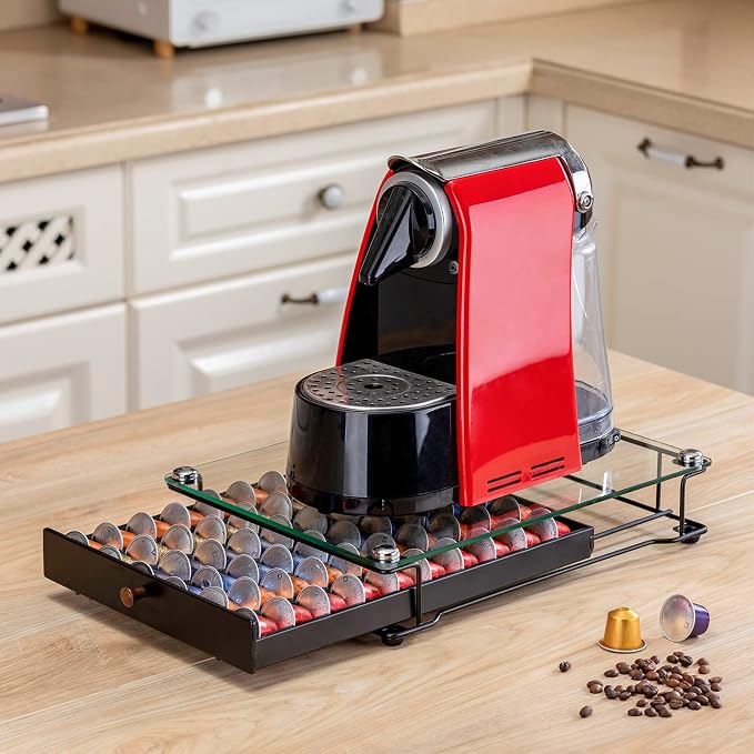 Nespresso Originaline Capsule Holder Drawer, 60 Pods, Glass | Save Counter Space, Smooth Pull-Out, Big Capacity for Cabinet Originaline Pod, Wooden handle - Image 2