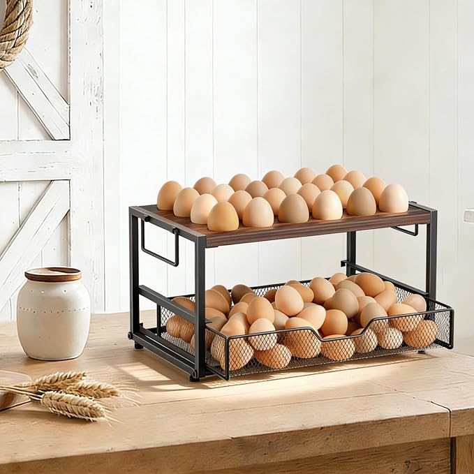 Compact 2-Tier Wooden Egg Holder with Basket, Holds 84+ Eggs | Wooden 2-tier egg holder with basket & carry handle , holds 24+60 chicken, duck & quail eggs - Image 2