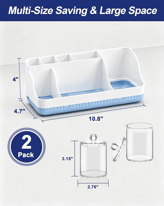 Bathroom Counter Organizer and Storage with 2 Pack Qtip Holder Dispenser, 7 Slots Detachable Toothbrush Holders for Bathrooms, Anti-Slip Electric Toothbrush and Toothpaste Holder Countertop - Image 2