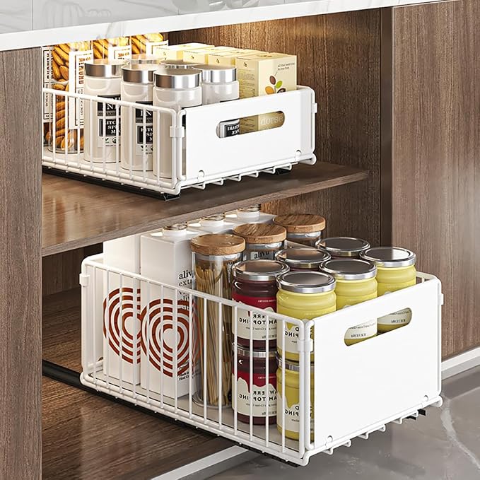 YunNasi Pull Out Cabinet Organizer, White, 2Piece 9.8" W X15 D X7.5 H | Slide Out Drawer Storage Shelves, Cupboard Organiser, Sliding Cabinet Basket for Kitchen, No Drilling and Nailing - Image 3