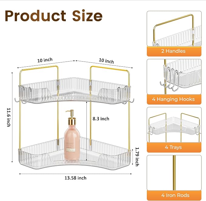 Corner Bathroom Counter Organizer 2 Tier Bathroom Organizers | Storage Countertop with Hooks Skin Care Exquisite Vanity Organizer Countertop Bathroom Storage Dresser, Kitchen-Clear - Image 2