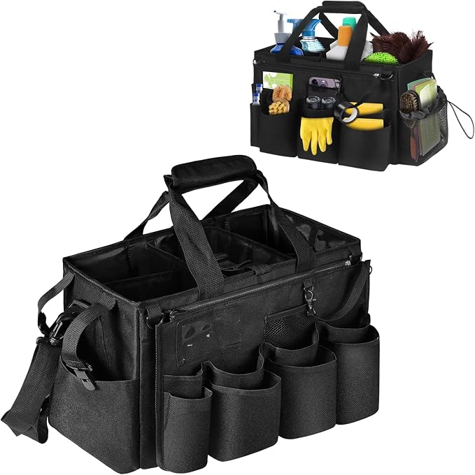 Grekos Wearable Cleaning Caddy Bag, Cleaning Caddy Suppliers Organizer with 4 Foldable Dividers, Handle & Shoulder Straps Cleaning Tool Organizers for Cleaners & Housekeeper (Black) by Grekos