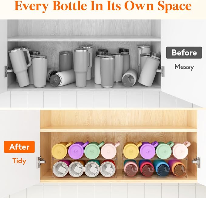 Lifewit Stackable Bottle Storage Organizer, Clear Freestanding Wine Holder for Cabinet, Large Slot Water Bottle Tumbler Cup Organizer for Pantry, Plastic Wine Rack for Fridge Cellar, 2Tier Hold 8 - Image 8