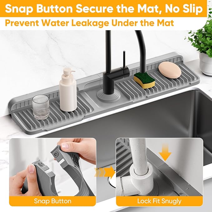 24'' Longer Faucet Mat for Kitchen Sink Splash Guard[7° Slope Fast Self-draining][Snap Lock Fit]Kitchen Sink Faucet Mat Splash Guard Kitchen Sink Area Water Splash Guard Behind Faucet Draining Mat - Image 4