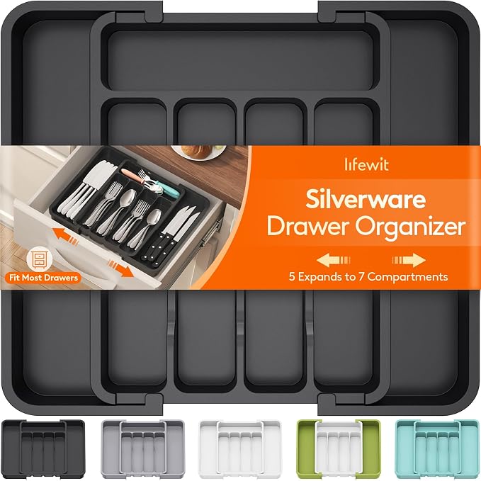 Lifewit Silverware Drawer Organizer, Expandable Utensil Tray | BPA Free Flatware Cutlery Holder for Kitchen, Adjustable Plastic Storage for Spoons Forks Knives, 8.9-14.7 x 12.2, Black by Lifewit