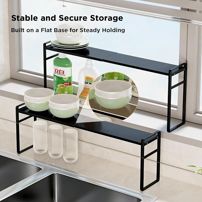 Expandable Narrow Shelf Organizer with 2-Level Adjustable Height | Black, Tall Countertop Organizer for Tight Spaces, Windowsill Plant Stand, Over-Sink/Faucet Shelf, Kitchen Counter Storage - Image 6