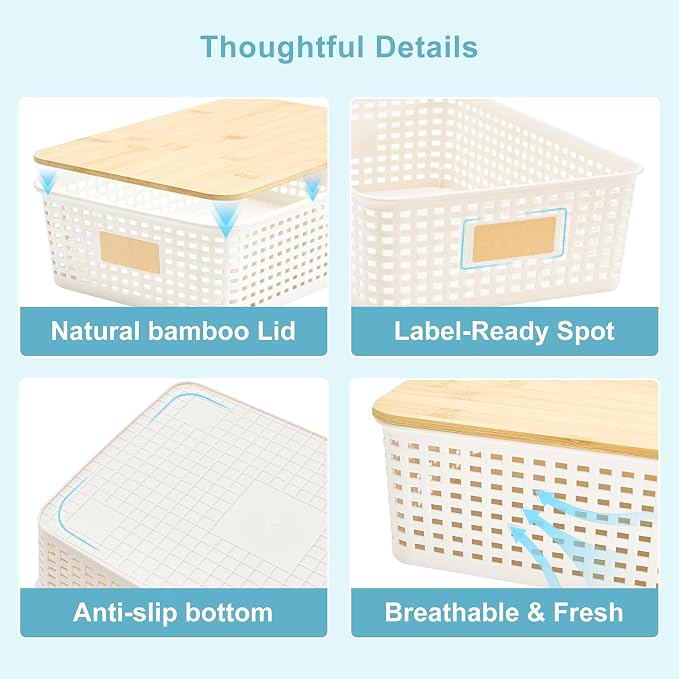 4 Pack Plastic Storage Bins with Bamboo Lids, 6.2qt Stackable Storage Organizer Box with Lable for Pantry Shelves Drawers Desktop Office, 12"L x 8.3"W x 3.5"H, Cream White - Image 8
