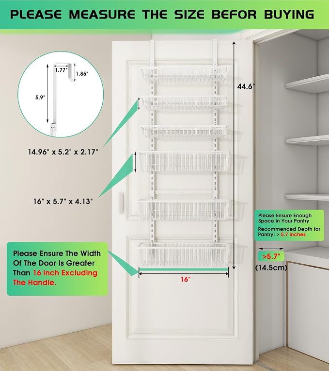 Mefirt Over The Door Pantry Organizer, 6-Tier Deep Baskets, White | Pantry Hanging Organizers and Storage, Adjustable Heavy-Duty Metal for Home & Kitchen, Back of Door Seasoning Rack - Image 2