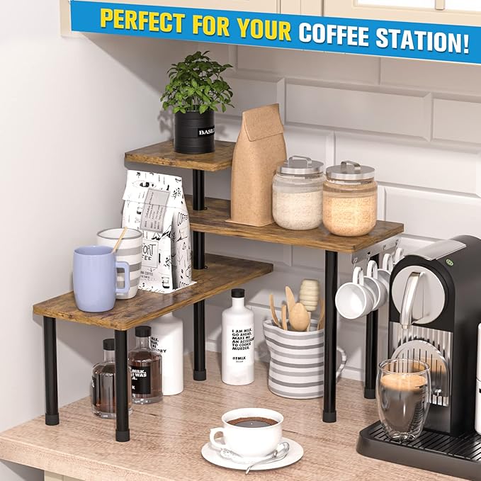 JayRex Kitchen Countertop Organizer 3-Tier Corner Shelf, Rustic Brown | Space-saving corner design organizes spices, skincare and toiletries on kitchen and bathroom counters. - Image 3