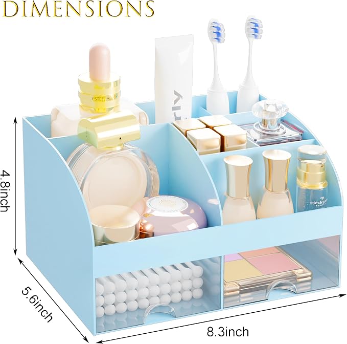 Makeup Organizer with 2 Drawers, Cosmetic Storage for Dresser Vanity and Bathroom Countertop,Make up organization and Skincare Storage with Beauty Brush Holder, Cosmetic Display Case (Blue) - Image 3