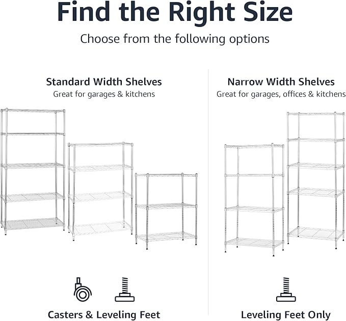 Amazon Basics 5-Shelf Adjustable, Heavy Duty Storage Shelving Unit on 4" Wheel Casters, Easy to Move Portable Wire Shelving, No Tools Needed for Easy Assembly, 30" x 14" x 64.8", Chrome - Image 5