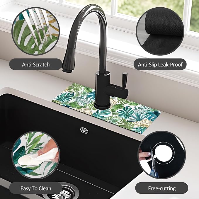 2PCS 15" X 5.5" Kitchen Sink Splash Guard Faucet Mat Leaf Super Absorbent Fast Drying Faucet Guard & Draining Mat Sink Splash Guard Behind Faucet for Kitchen, Bathroom - Image 6