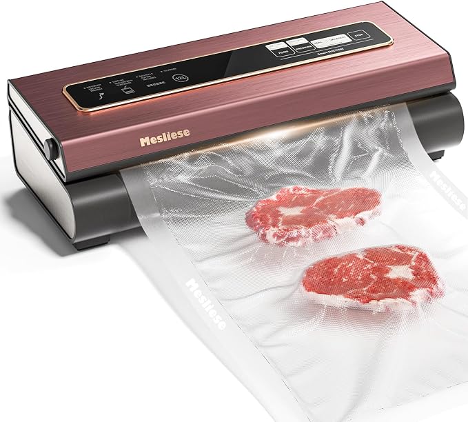 Mesliese 6in1 Vacuum Sealer, Dry/Moist Modes, 2 Bag Rolls & 5 Pre-cut Bags | Pink, 90kPa Compact Vacuum Food Sealing System, Stainless Steel Panel, Smart Suction, External Vacuum for Jars, Cutter, ETL by Mesliese