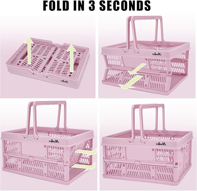 Pink Plastic Baskets with handles,2-pack Collapsible crates for storage,14.96"x9.84"x7.87" foldable shopping basket ,foldable crate with Handles for car Classroom Kitchen Bathroom Medicine Milk - Image 7