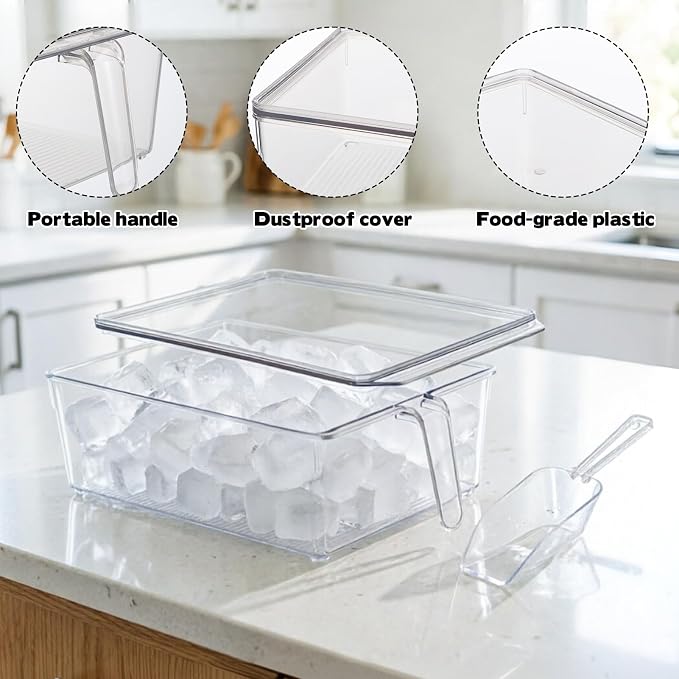 2 Set Large Ice Bin for Freezer with Lid and 2 Scoop Set, Plastic Freezer Ice Bin with Pull-Out Handle Clear Storage Bucket Kitchen Food Storage Organizer for Home Office Fridge Kitchen - Image 3