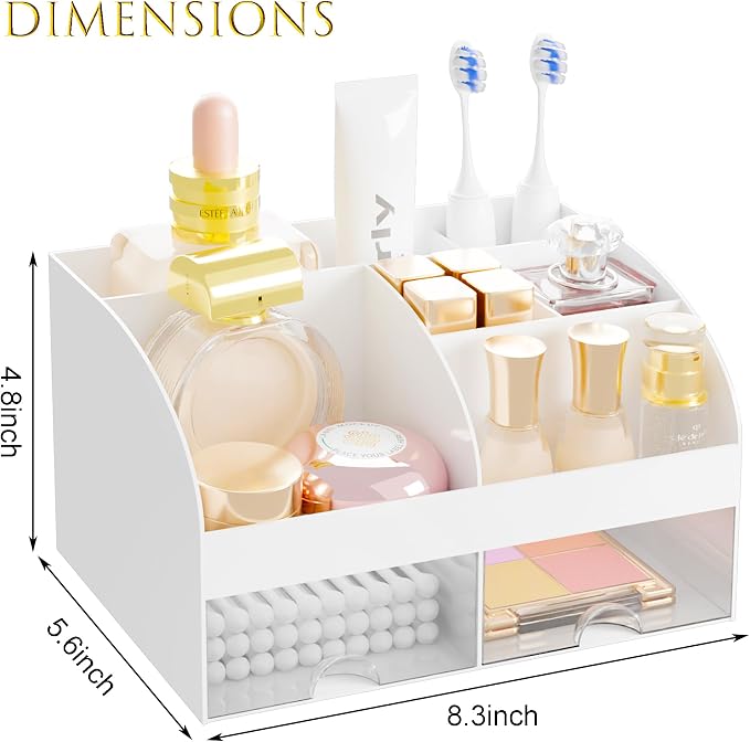 Makeup Organizer with 2-Drawer, Countertop Cosmetic Storage for Vanity | Skincare Organizer with Brush Storage for Dresser Desktop Bathroom, White - Image 3