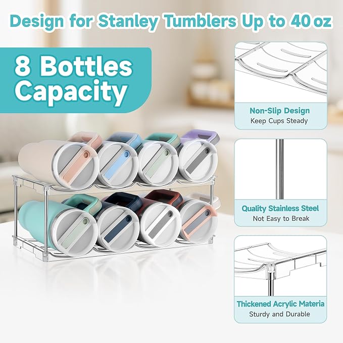 spospo Stackable Water Bottle Organizer Large Compartment Bottle Holder | Tumbler Organizer for Stanley 40 oz Cup, Kitchen Cabinet Storage Organizer for Stanley Cup Accessories, 2 Tier Hold 8 Bottle - Image 4