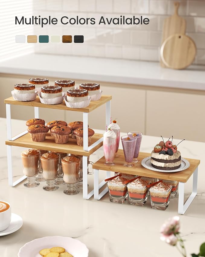 SONGMICS Cabinet Organizer Shelf, Set of 3 Spice Rack, Kitchen Storage | Kitchen Counter Shelves, Kitchen Storage, Spice Rack, Light Bamboo and Matte White, BYSTRO Collection UKCS014W01 - Image 3