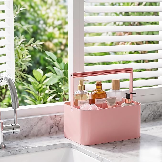 Pink Shower Caddy Portable: Plastic Bathroom Caddy Organizer with Handle, 4 adjustable compartments shower caddy with drainage holes, keeps items organized and dry, easy carry handle for college dorm - Image 2