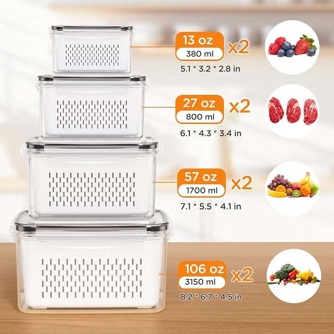 8-Pack Fruit Storage Containers for Fridge, Leakproof Fruit Containers for Fridge with Colanders, BPA-Free Produce Storage Containers with Lids Keep Fruits, Vegetables, Berry, Meat Fresh longer - Image 2