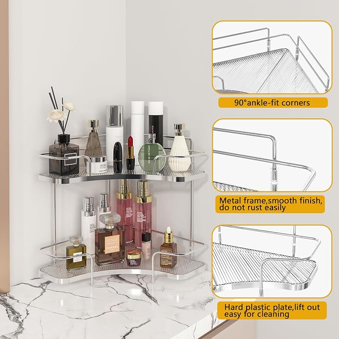 2 Tier Bathroom Organizer Countertop Corner, Makeup Organizer | Vanity Organizer Corner Shelf for Skincare, Cosmetics, Perfume, Tool-Free Assembly, Space-Saving, Silver - Image 6
