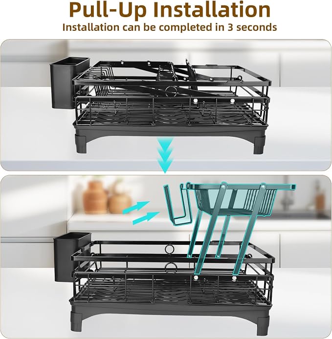 AULEEP 2-Tier Foldable Dish Drying Rack for Kitchen Counter Over the Sink | Expandable Anti-Rust Large Drainers 2-in-1 Pull Out Design with Drying Mat, Cups & Kitchen Utensil Holder - Image 5