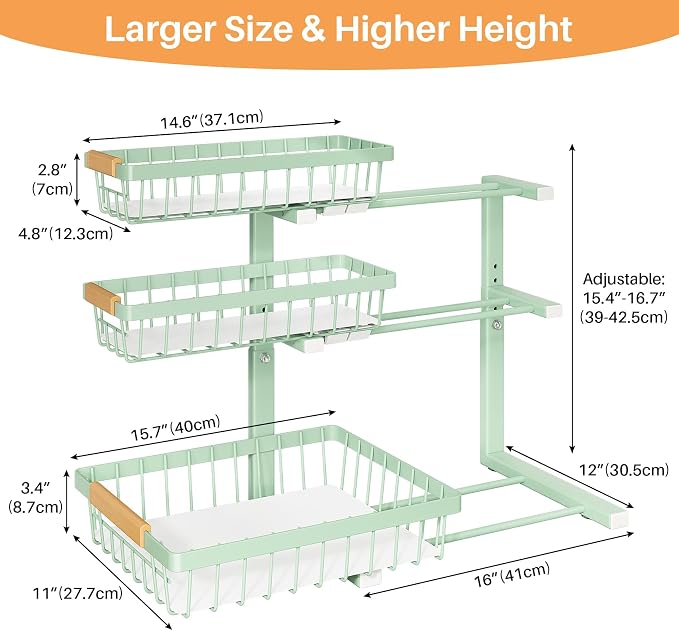 PXRACK Under Sink Organizer, 1-Pack 3-Tier Height Adjustable Thickened Metal Pull out Cabinet Organizer Shelf, Slide out Storage Drawer Rack for Bathroom Kitchen Pantry Home Organization, Green - Image 8