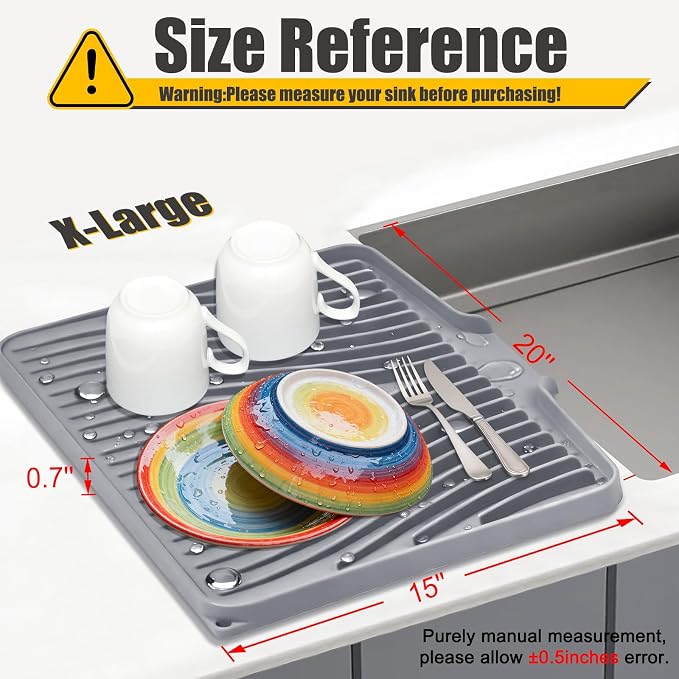 TIKNIK Silicone Dish Drying Mat for Kitchen Counter, Grey-1pcs, 20" x 15" | Heat Resistant & Non-Slip Dish Drain Pad with Built-In Drain, Dishwasher Safe, Quick-Dry, Hangable & Roll-Up for Storage - Image 2