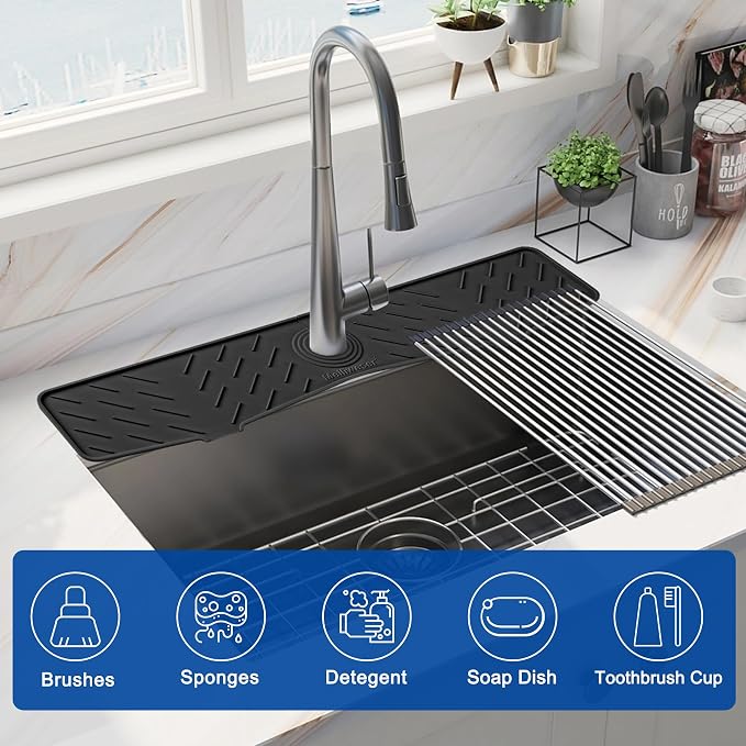 Faucet Mat for Kitchen Sink – 24” x 5.1” Extra-Long Silicone Splash Guard with 10° Slope & Upgraded Drainage – Gen 3 Sink Water Catcher & Sponge Holder for Kitchen, Bathroom (Black) - Image 5