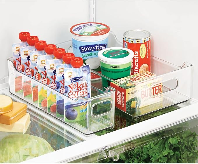 mDesign Wide Plastic Kitchen Storage Container Bins with Handles -Organization in Pantry, Cabinet, Refrigerator or Freezer Shelves - Food Organizer for Fruit, Yogurt, Squeeze Pouches - 2 Pack - Clear - Image 3
