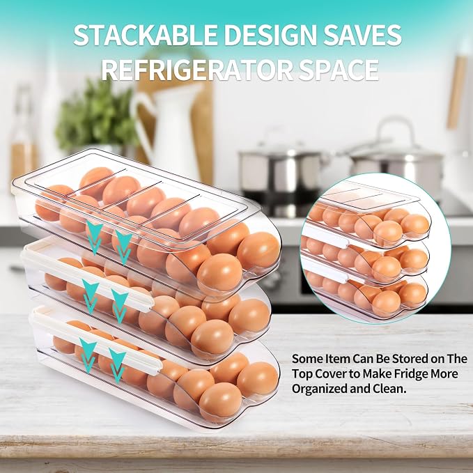 RoskDeewat Egg Holder for Fridge, Automatic Rolling Egg Container -1 Tier | Stackable Fridge Organizers and Storage with Lid, Sturdy Clear Plastic Egg Dispenser & Tray for Refrigerator - Image 5