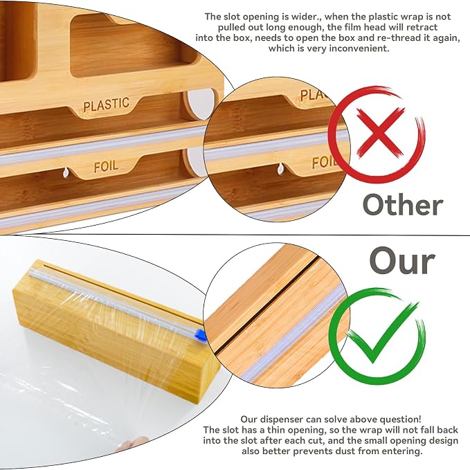 Uncle Jack Plastic Wrap Dispenser with Slide Cutter, Fit 13'' Rolls, Bamboo Aluminum Foil Dispenser with Cutter for Wax Paper, Saran Wrap - Image 4