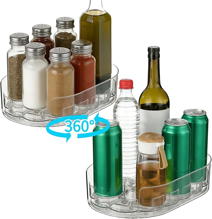 2 Pcs Lazy Susan Turntable for Refrigerator, 360° Rotating Clear Refrigerator Organizers and Storage, 3.5 x 8.5 in Oval Condiment Organizer Rack, Ideal for Countertop, Cabinet, Pantry & Dining Table - Image 2