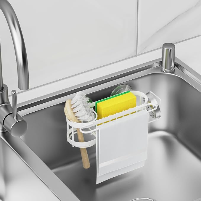 Cisily Kitchen Sink Caddy Sponge Holder in The Sink, Stainless Steel Kitchen Sink Organizer, Brush Holder, Dish Cloth Hanger, Sink Stopper Holder (Suction cup-White) - Image 3