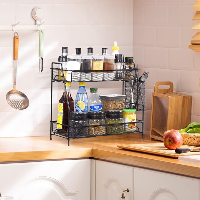 Large Countertop Organizer for Bathroom Counter, Bathroom Organizers and Storage, Under Sink Organizer Spice Rack Organizer for Kitchen with Basket(Black) - Image 4