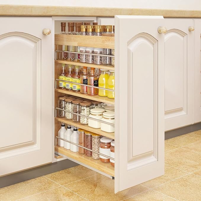 DINDON Pull Out Spice Rack Organizer for Cabinet, (6.5" W x 21.9" D x 25.2" H) Multi-Use Wood Pull Out Cabinet Organizer Slide Out Shelf Cabinet Storage for Kitchen, Pantry Organization - Image 9