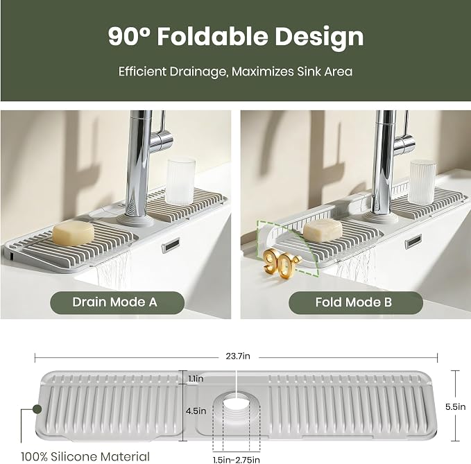 24 Inch Faucet Mat for Kitchen Sink, Silicone Splash Guard for Kitchen Sink Area, 7° Slope Fast Self-Draining Sink Mat, Cuttable Hole Design, Sink Backsplash Guard Draining Mat, Grey - Image 8