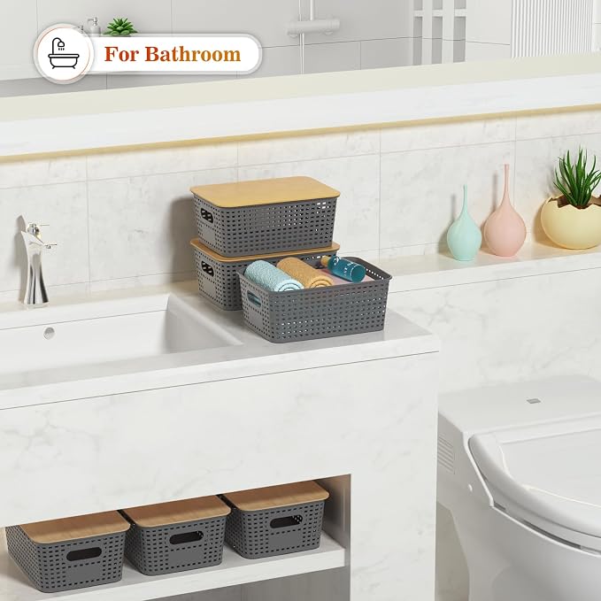 Ohmlove 6 Pack Plastic Storage Baskets with Bamboo Lids for Organization | Stackable Storage bins, Storages Baskets for Organizing Shelves Drawers Desktop Closet Playroom Classroom Office,Gray - Image 6